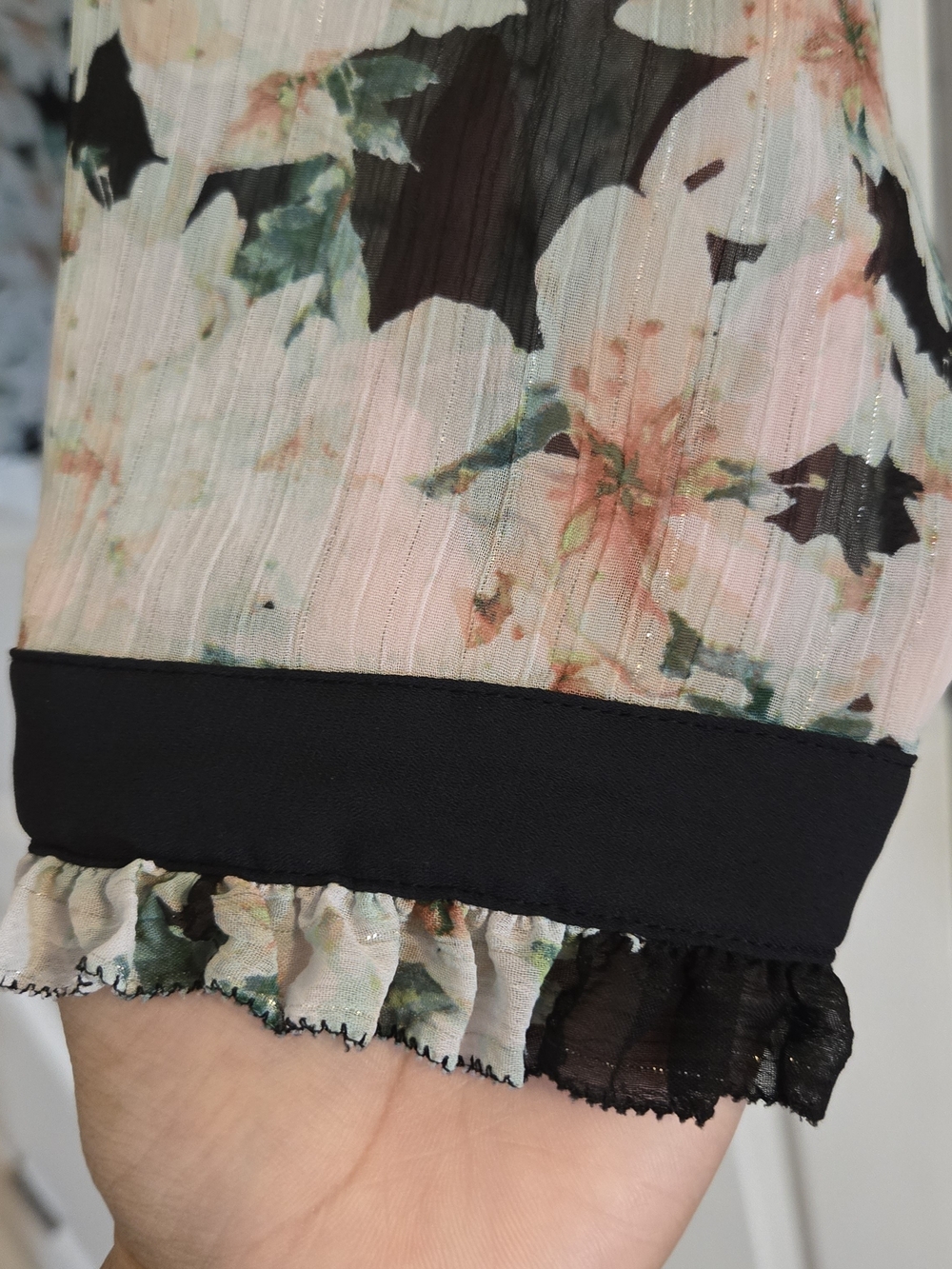 Liz Claiborne Sheer Floral Button Front Blouse - Black, White, Green - Picture 5 of 7